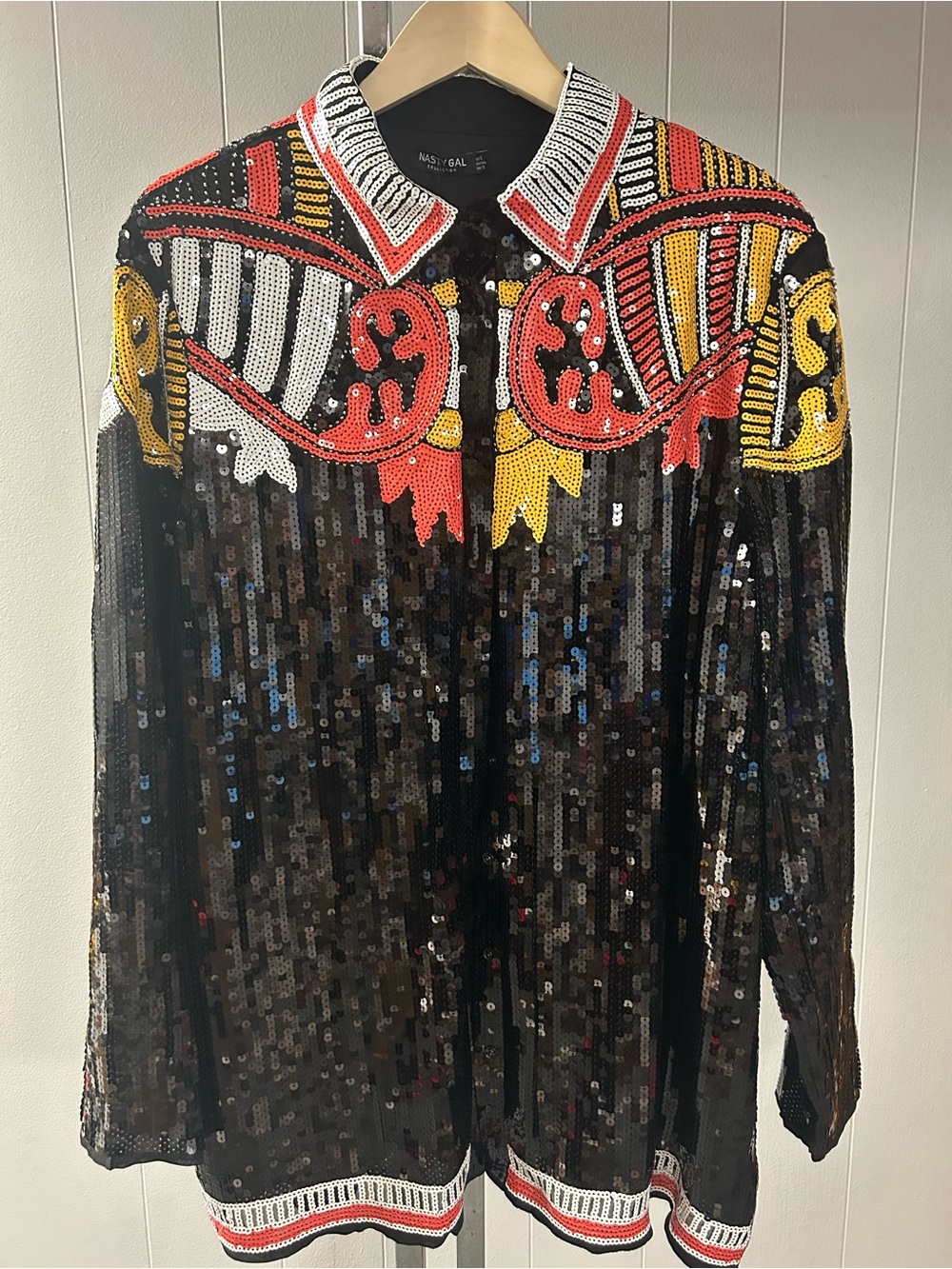 Nasty Gal Black Sequin Button-Down Red, Yellow & White Beaded Collar Western